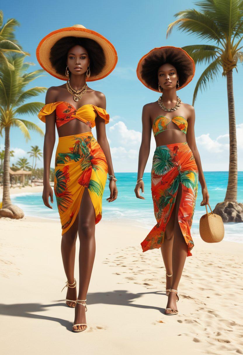 A lively beach scene blended with a fashion runway, showcasing models dressed in vibrant African-inspired summer attire, featuring bold patterns and colors. Include tropical elements like palm trees and ocean waves, intertwined with designer fashion displays, highlighting the fusion of culture and style. Bright sunlight and a festive atmosphere should enhance the visual appeal. super-realistic. vibrant colors. 3D.